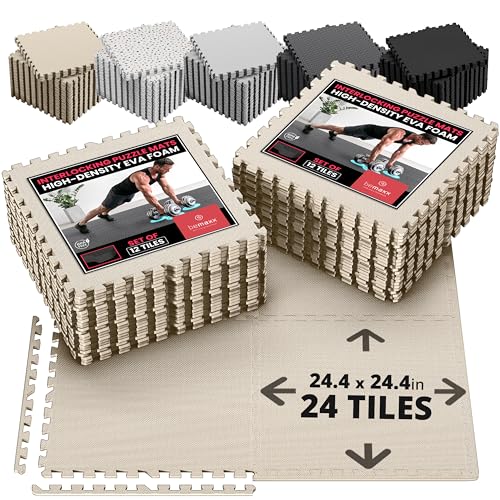Image of bemaxx Gym Mats Set - 24 pcs EVA Interlocking Foam Floor Tiles (24.4 inchx24.4 inchx0.4 inch) 96 sqft Protective Gym Flooring Sports Home Workout Exercise Mats Puzzle Garage Fitness Play-Room Pool Treadmill Bike