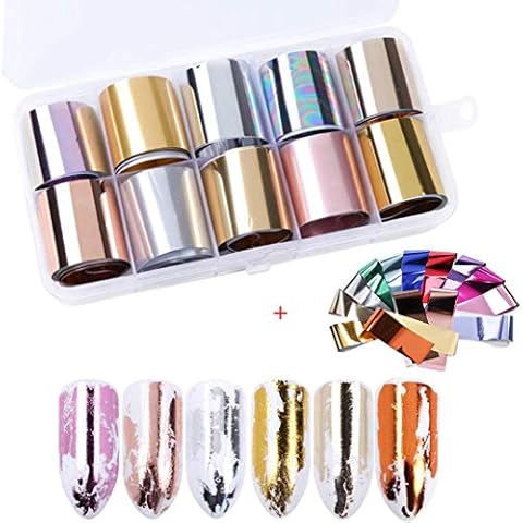 VETPW (10 Rolls +14 Sheets) Metallic Nail Foil Transfer Sticker Set, Mix-Pattern Nail Decals Transfer Nail Art Sticker, Gold, Silver, Rose Gold DIY Decoration for Women Cover