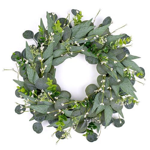 VioletEverGarden 20 Inch Green Wreaths for Front Door Artificial Eucalyptus Wreath Greenery Wreath with Berry for All Seasons Home Wall Window Decorations