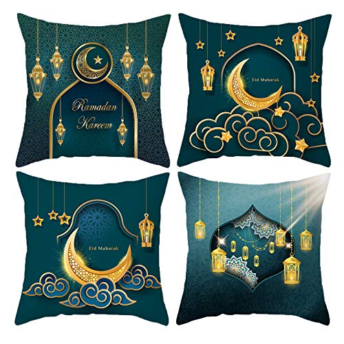 HOSTECCO Ramadán - Juego de 4 fundas de almohada decorativas coloridas para sofá musulmán, fundas de cojín decorativas de 18 x 18 pulgadas Cover