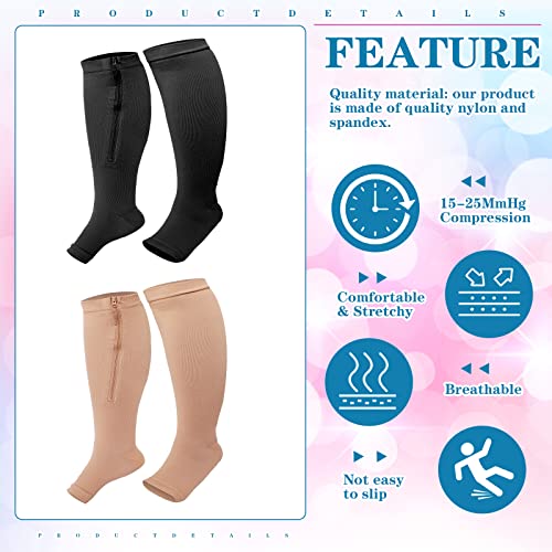 Image of Hillban 2 Pair 15 - 25 Mmhg Wide Plus Size Calf Zipper up Compression Socks for Women Men(4 XL,Black, Nude)