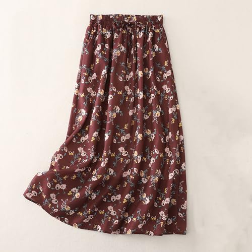 Women's Boho Floral Skirts Casual Soft Drawstring Elastic High Waisted Skirt Trendy Pleated Midi Skirts with Pockets2