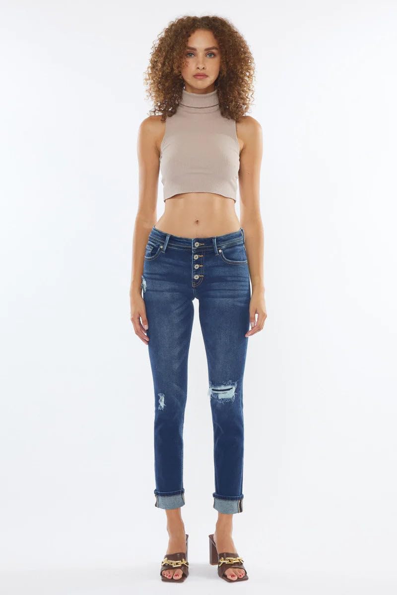 Kancan - Mid Rise Button Fly Distressed Skinny Straight Jeans - (30" Inseam) - KC8599 - Includes Official Tag - DK, Size 24 Darkblue