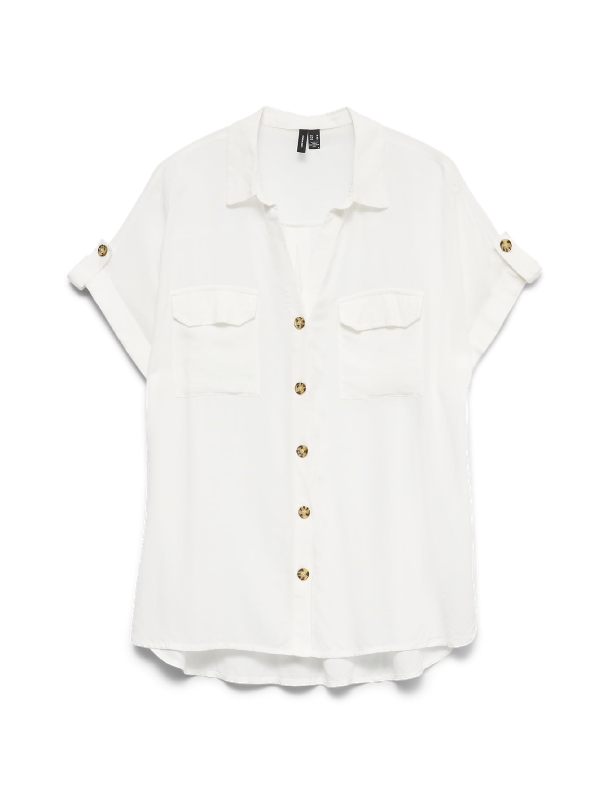 Camisa de Mujer de Manga Corta a Rayas con Bolsillos en el Pecho y Botones