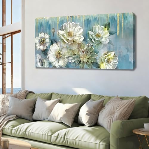 Ardemy Floral Canvas Wall Art for Living Room Large Magnolia White Flower Picture Bedroom Wall Decor Textured Turquoise Painting Modern Artwork Dining Room Kitchen Home Office, 40"x20" - Image 5