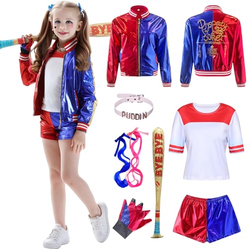 Amycute Déguisement Squad Costume, Cosplay Joker Queen Costume Tee Shirt Tenue Veste Tshirt Short Gants Perruque pour Carnaval Halloween (RougeBleu, 150CM)