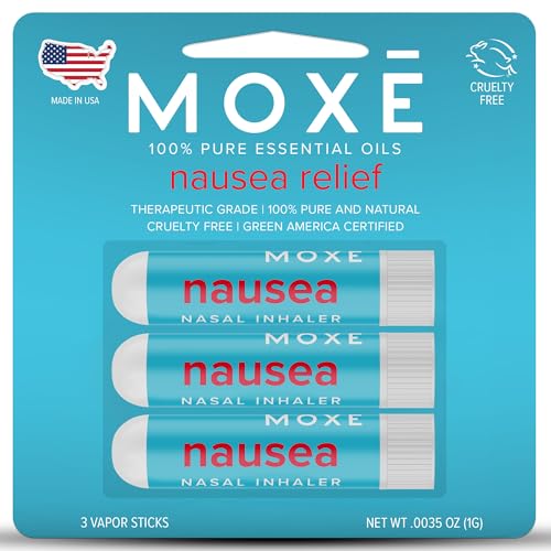 Image of MOXE Nausea Nasal Inhaler Sticks, All Natural Essential Oil Blend, Ginger, Cardamom, Peppermint, Sweet Orange, Upset Stomach, Headaches, Easy-to-Use Portable Aromatherapy, Made in USA, 3 Pack