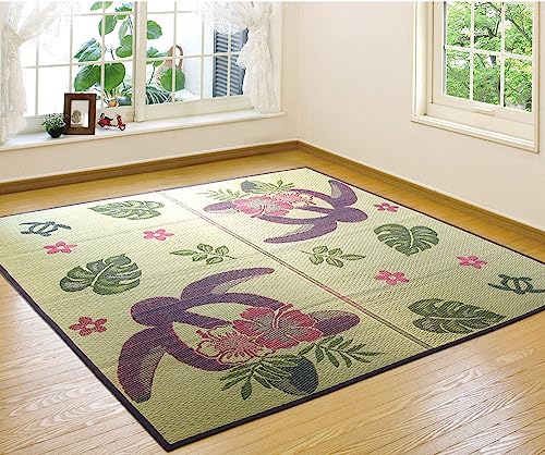 アイコン ホヌ&リーフ い草ラグ ござ ボタニカル ハワイアン モンステラ パキラ 幸運 ウミガメ 縁起がいい クール 夏 ホットカーペット対応 防ダニ 抗菌 防カビ 裏張り ベージュ ブルー グリーン 1畳 1.5畳 2畳 ミニ3畳 88×176 135