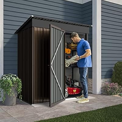 LEMBERI 5x3 FT Outdoor Storage Shed with Floor,Tool Garden Metal Sheds with Lockable Door,Outside Waterproof Galvanized Steel Storage House for Backyard Garden, Patio, Lawn Brown