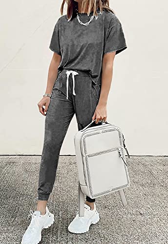Image of PRETTYGARDEN Women Summer Two Piece Outfits Striped Short Sleeve Pullover and Long Pants Tracksuit Travel Pajama Lounge Set
