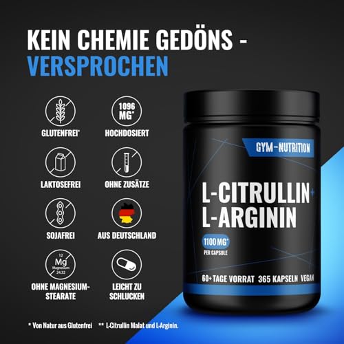 L-Arginin + Citrullin hochdosiert - 365 Kapseln - 6.785 mg Tagesdosis, 60+ Tage Vorrat - Vegan & Produziert in...