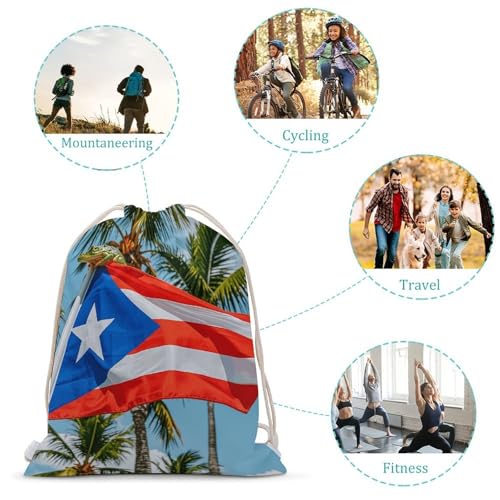 Puerto Rico Flags Frog Palm Trees Drawstring Backpack - Canvas Sports Gym Sackpack, Lightweight String Bag for Beach & Travel3