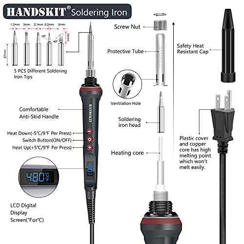 Image of HANDSKIT 90W Digital Soldering Iron Kit, Adjustable Temp, LED Display, C /F Switch, Auto Sleep, 5 Tips, Solder Wire, Stand, Sponge & Precision Tools for Electronics, DIY & Jewelry Repairs