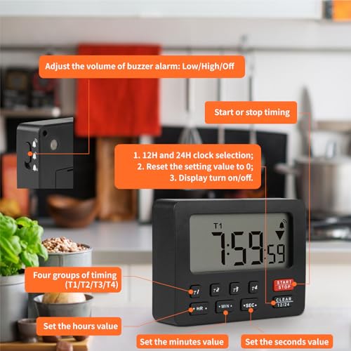 Minuteur de cuisine quadruple affichage YOOREAL noir avec alarme réglable - 7