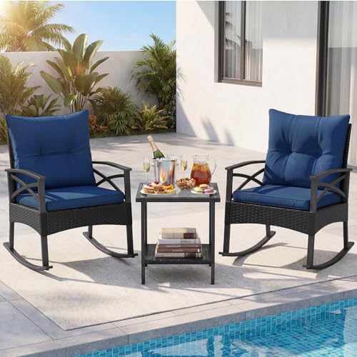 Image of Tangkula 3 Pieces Wicker Outdoor Rocking Chairs Set | Heavy Duty | Cushioned | Rattan Rocker Bistro Set w / 2-Tier Tempered Glass Coffee Table for Garden, Balcony, Backyard