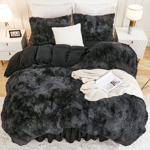 Andency Tie-Dyed Black Grey Comforter King Size, 3 Pieces Fluffy Faux Fur Warm Soft Fuzzy Plush Bedding Comforter Set, Thick Heavy Puffy Comfy Bedding Sets