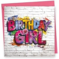Birthday Card for Girl. Graffiti Design. 150x150mm supplied with Envelope. Eco-friendly. Message inside. Made in Britain.