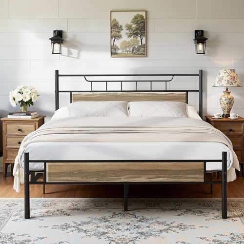 VECELO Cadre de Lit 140x190cm, Sommier Plateforme Simple, Support à Lattes en Acier de Qualité Supérieure, Rangement sous Le Lit, Assemblage Facile, Gris...