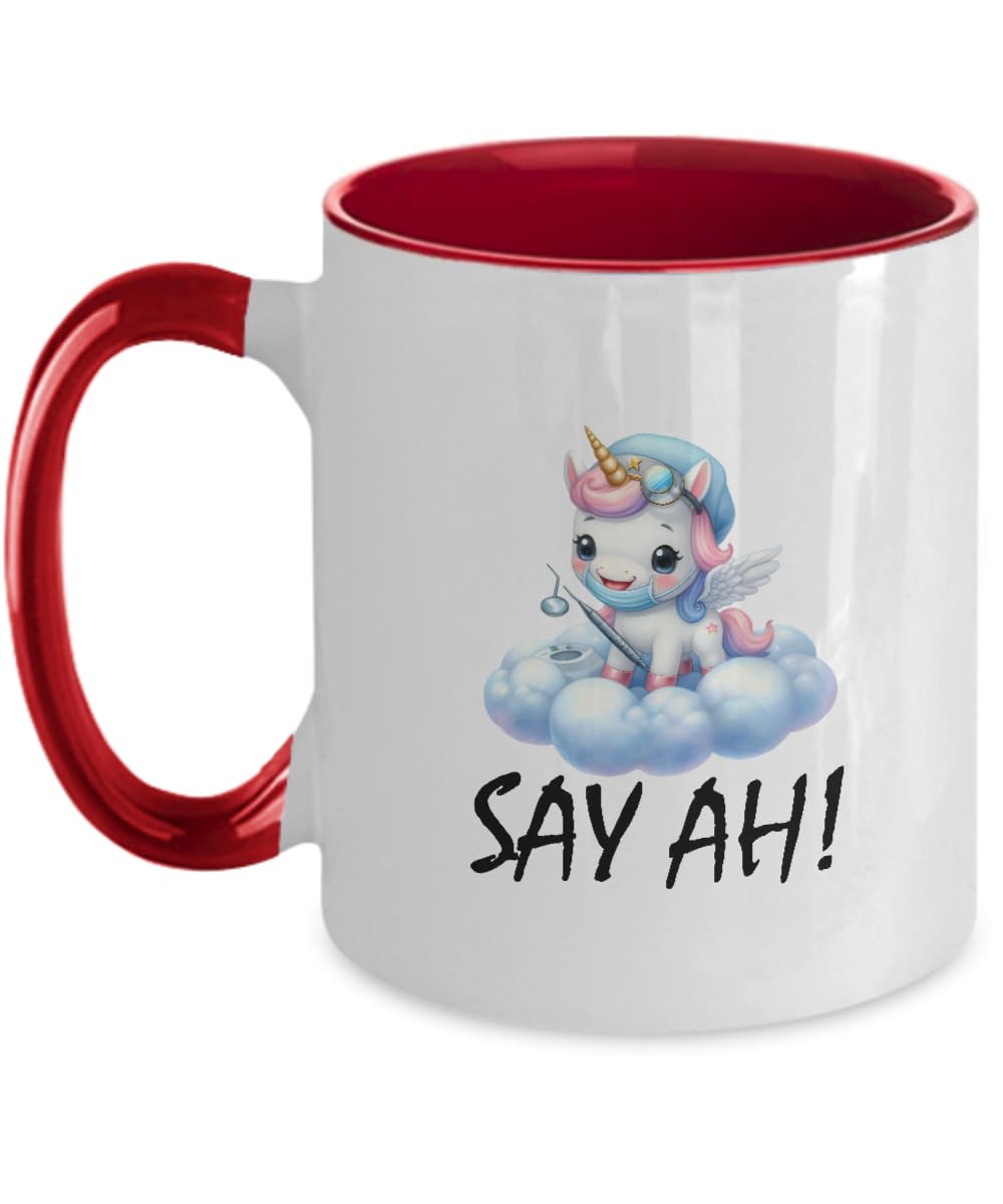 AMISK CREATIVES Say AH Dental Dentist Tooth Funny Unicorn Mug Gift Ideas For Women Men Dental Hygiene Hygienist Two Tone