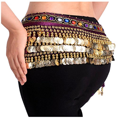 Image of VRITRAZ Women's Chiffon Belly Dance Hip Scarf Waistband Belt Skirt Mixed Colors Beads and Golded Coins 56 Black