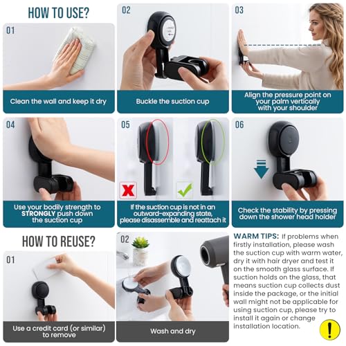 Image of TAILI Shower Head Holder Suction Cup, Adjustable Height & Angle, Wall Mounted, Waterproof, Black, Plastic, Round, Bathroom & Shower Fixture