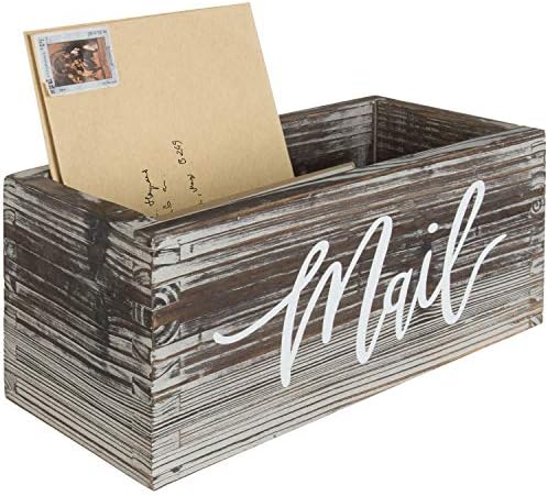MyGift Rustic Torched Wood Mail Holder Storage Box, Desktop Organizer Bin with Mail Script Design