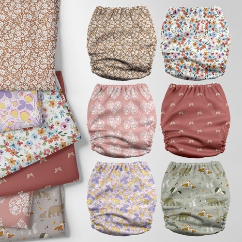 Mama Koala 3.0 Pocket Cloth Diapers for Babies with AWJ Lining, 6 Pack with 6 5-Layer Natural Cloth Diaper Inserts - Reusable and Washable Pocket Diapers(A-Wild Flowers)