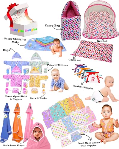 Image of Toddylon Flat Bed 56 in 1 New Born Baby Products All | Gift Packs | Maternity Kit | Baby Clothes | Baby Bedding | Essentials Items | Baby Shower | Infants Combo (Multicolor, 0-6 Months)