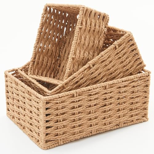 Image of Small Wicker Basket for Organizing, Woven Storage Basket Set of 3 - Handwoven Natural Paper Rope Baskets to Declutter Any Room, Perfect for Organizing and Home Decor