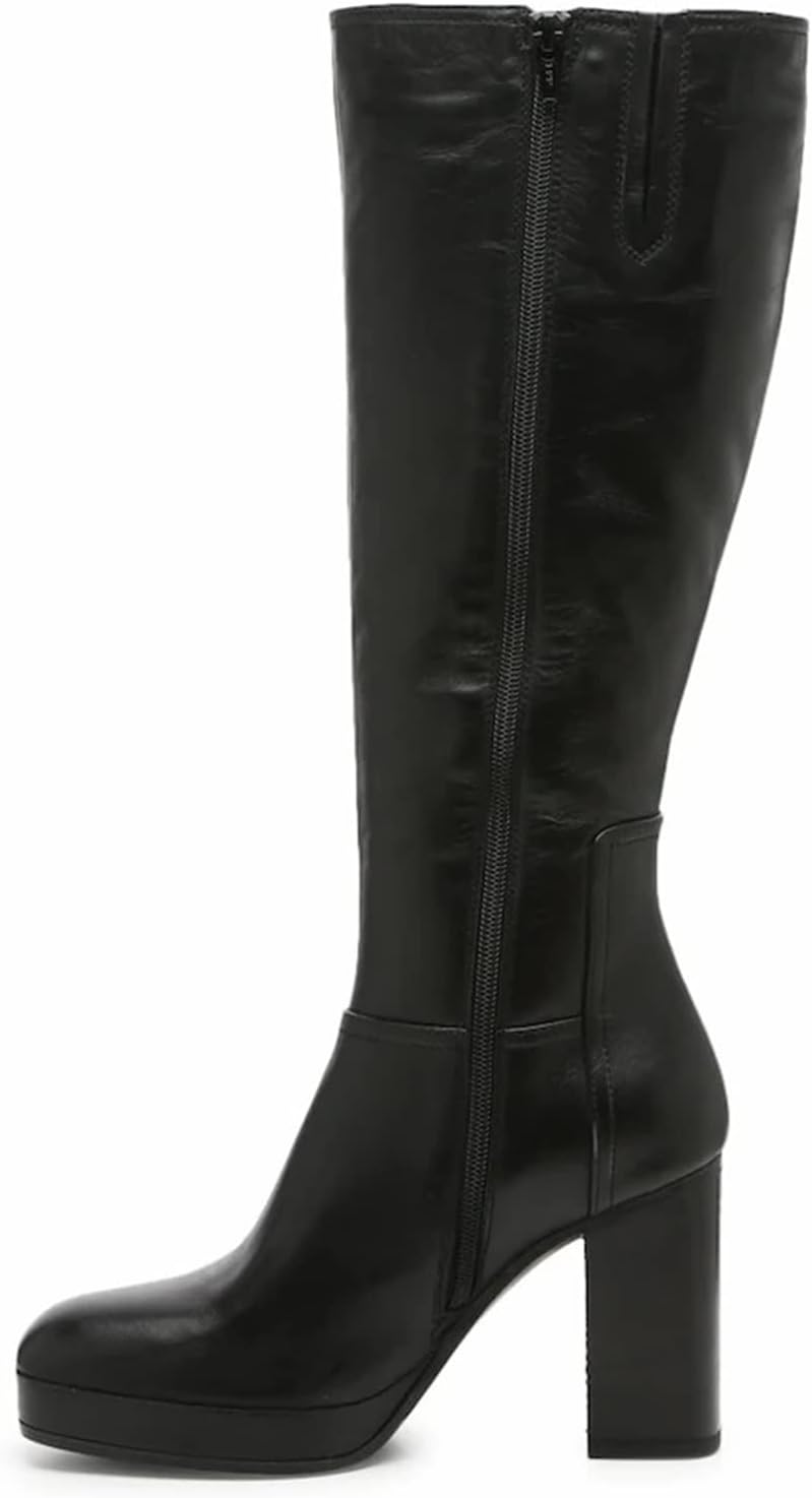 FOWT Women’s High Platform Over-Knee-High Boos Square Toe Long Booties High Block Heels Short Black Bootie Multicolored Fashion Pattern Leather Upper Shoes Winter Fall Warm Work Daily Shoes Size 4-16 US