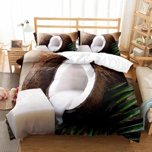 PUOJIEAT Housse de Couette 150x200 Noix de Coco, 3D Imprimée Doux Microfibre Parures de Lit Noix de Coco Housses de Couettes avec 2 x Taie d'oreiller 65x65 cm...
