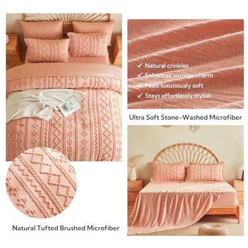 Image of MR&HM Twin XL Comforter Set Coral Pink, 5 Pieces Tufted Boho Beddding Sets, Farmhouse Style Bed in a Bag with 1 Comforter, 1 Pillow Sham, 1 Pillowcase, 1 Flat Sheet, 1 Fitted Sheet for College Dorm