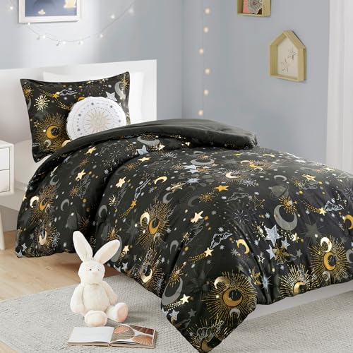 Intelligent Design Kids Twin Comforter Set, Celestial Metallic Starry Sky, Moon & Sun Comforter, All Seasons Lightweight & Fluffy Bed Set, 1 Sham, Celia, Twin Charcoal/Gold 3 Piece