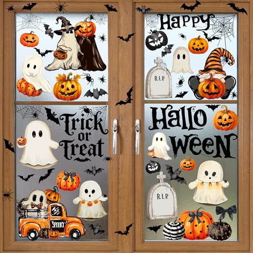EUVBOKW Halloween Window Clings,Double-Sided Reusable Window Decals,Vintage Ghost Pumpkin Bat
