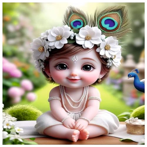 Image of Akki Wold Cute White Krishna With 2-Feather Wall Poster Living Room, Office, Pooja Room (Size - 46CM X 46CM)