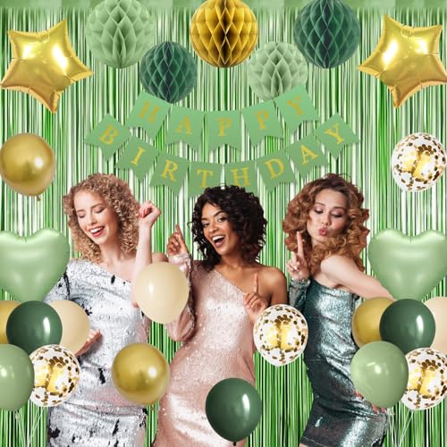 Image of Sage Green Gold Birthday Party Decorations Supplies Happy Birthday Banner Honeycomb Balls Fringe Curtain Foil Balloons Hanging Swirls Cake Topper Tablecloth Party Supplies for Women Girls