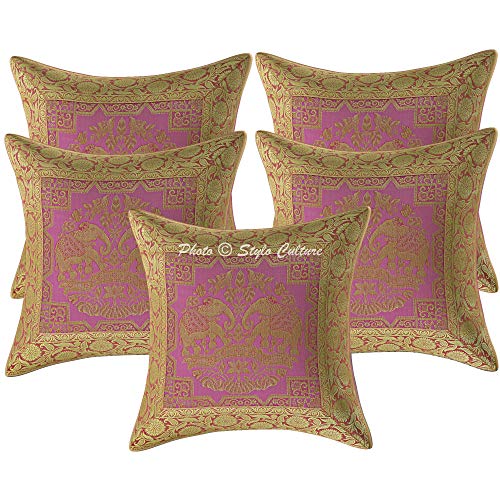 Image of Decorative Brocade Cushion Covers 16 Inch x 16 Inch Banarasi Jacquard Baby Pink & Gold Home Decor Elephant Traditional Square 40x40 cm Zippered Sofa Settee Pillowcases -Set of 5 Pcs