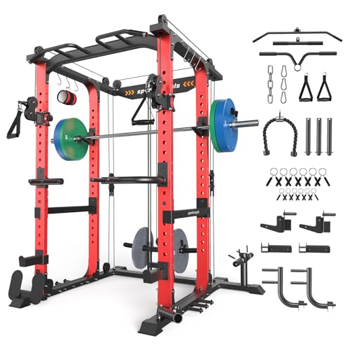 Image of SPORTSROYALS Power Rack, Multi-Functional Power Cage, Squat Rack with Pulley System & LAT Pull Down, Workout Cage with J Hooks for Home Gym