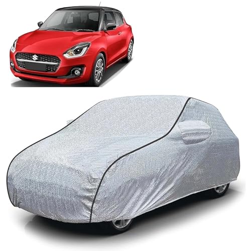 Image of Sulfar 100% Waterproof Car Body Cover Compatible with Mirror for Maruti Suzuki New Swift (Triple Stitched, Full Bottom Elastic, Magic Silver with Black Piping)