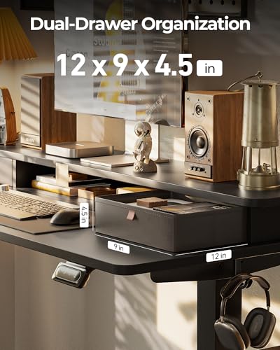 Image of FEZIBO 40 x 24 Inch Height Adjustable Electric Standing Desk with Double Drawer, Stand up Home Office Computer Desk with 4 Height-Adjustable Feets & 2 Hooks, Black