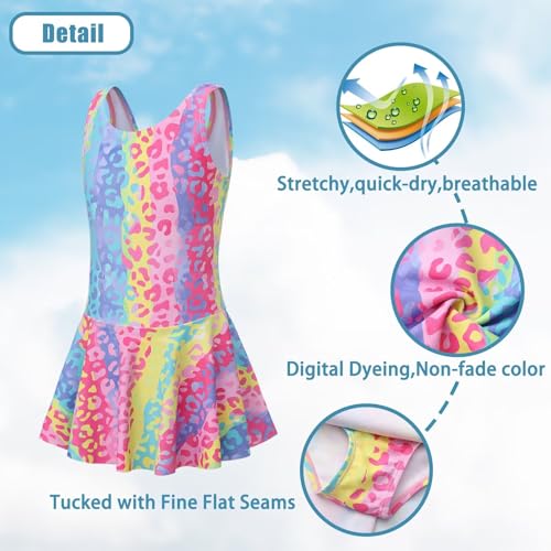 Image of Girls One Piece Swimsuits Leopard Bathing Suit for Kids Hawaiian Swimwear with Skirt Swim Dress 3-16 Years