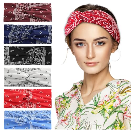 ZUOQIANG 6 Pieces Boho Headband,Soft Elastic Hair Bands,Women's Hair Bands Wide Elastic Hairband Turban Fashion Accessories,Yoga Sports Hairband Bandana Accessories