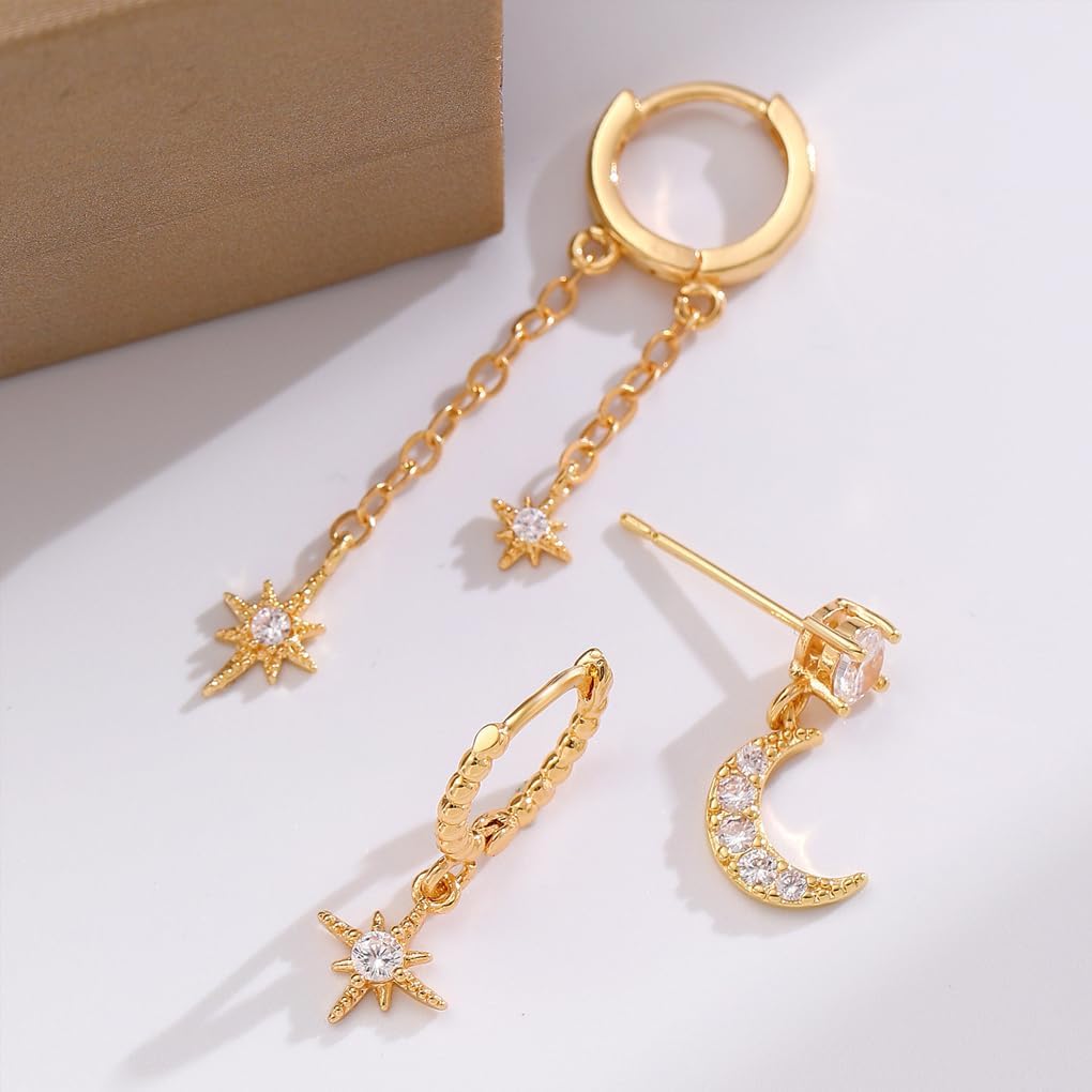 3Pcs Gold Crystal Moon Star Earrings Set for Women Dainty Silver Stars Chain Pierced Earring Stack Three Holes Earrings Prom Jewelry Accessories - Image 6