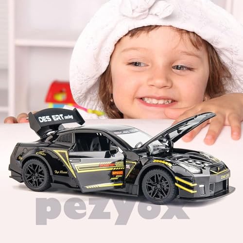 Image of 1 /24 Scale Compatible for Nissan GTR Model Car Toy, Zinc Alloy Pull Back Toy car with Sound and Light for Kids Boy Girl Gift (Black)