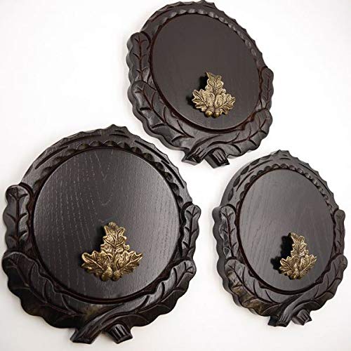 GTK - Juego de 3 placas de cuña talladas oscuras AF 16 cm con 3 hojas de roble, portada pequeña, tabla cuña, tabla para especias, cartel para trofeos