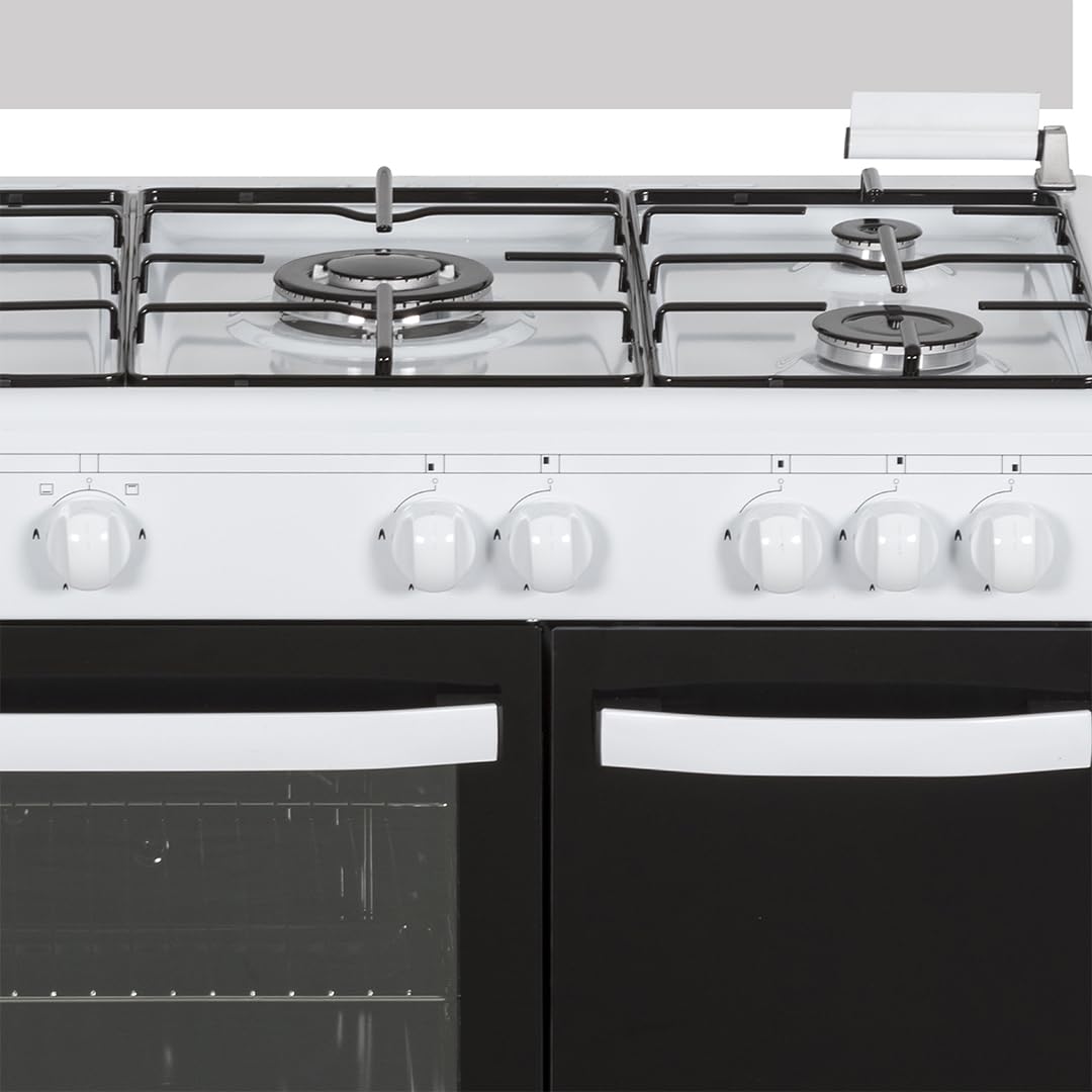 Svan Cocina Gas Butano 5 Zonas de Cocción, Horno 59 L, Blanco SKGW5900PB. Control Manual, Quemador WOK triple llama, 2 Programas de Cocción, Cristal en Puerta de Doble Capa, Tapa Abatible