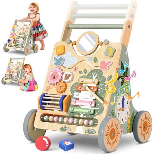 Carrello Primi Passi in Legno, Girello Montessori con Centro Attività, Girello Neonato Altezza e Velocità Regolabili, Perfetto come Regalo di Compleanno o Natale, Girello per Bambini 6-18 Mesi