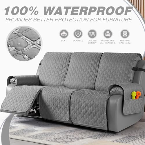 Image of TAOCOCO 100% Waterproof Recliner Covers, Recliner Sofa Covers with Leg Straps, Reversible Recliner Couch Cover for Reclining Chair, Washable Couch Protector for Pets Kids(3 Seater, Light Gray)