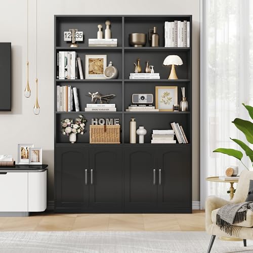 Bookshelf and Bookcase with Doors, 6 Tier Double Wide Large Bookshelves, Open Display Shelves, 73'' Tall Bookshelf with Storage Cabinets for Home Office, Living Room, Library, Black - Image 5