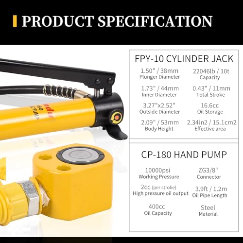 Image of Porta Power Kit 10T Low Profile Hydraulic Ram Cylinder Jack FPY-10 0.43 inch Stroke Single-Acting + 400cc Hydraulic Hand Pump CP-180 for Machinery and Industry